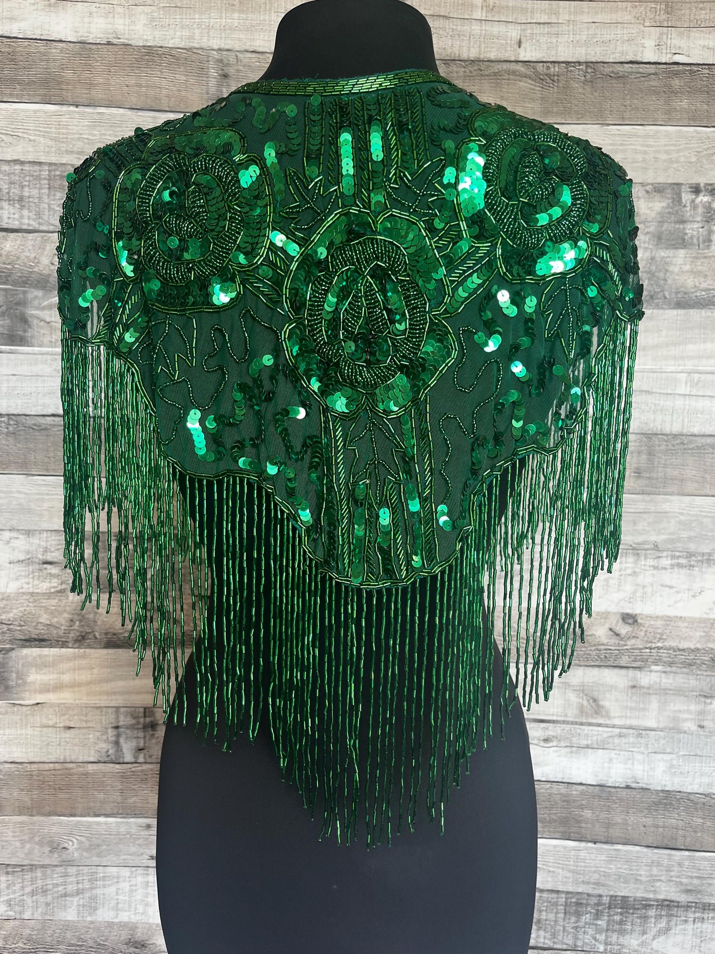 3 Rose Back Green Sequin Glass Beaded & Sequin Lace Collar with Tube Bugle Bead Fringe Shoulder Shrug Shawl Applique Wrap