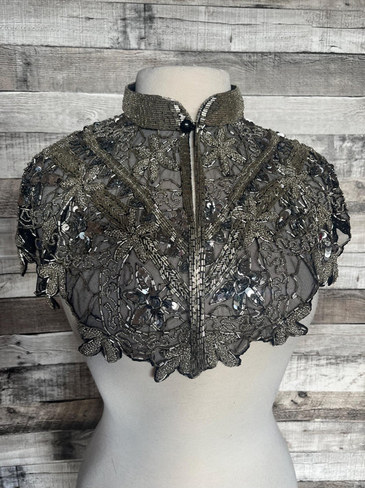 SILVER/BLACK Sequin Glass Beaded & Sequin FULL Wrap Lace Collar Shoulder Shrug Shawl Applique