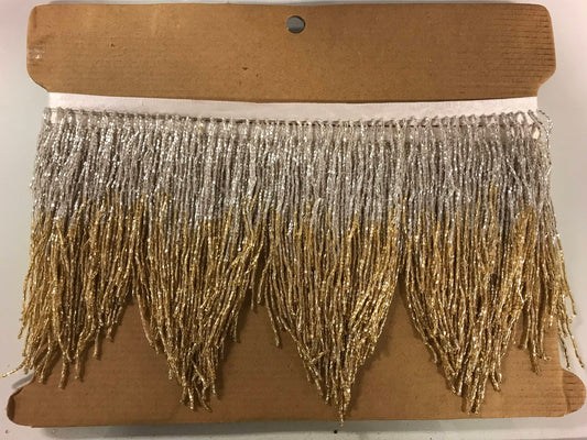5 Yard Bolt- 6.5/6" Silver/Gold Sparkling Ombre Ombré CHEVRON Glass BUGLE Bead Beaded Fringe Lamp Costume Trim