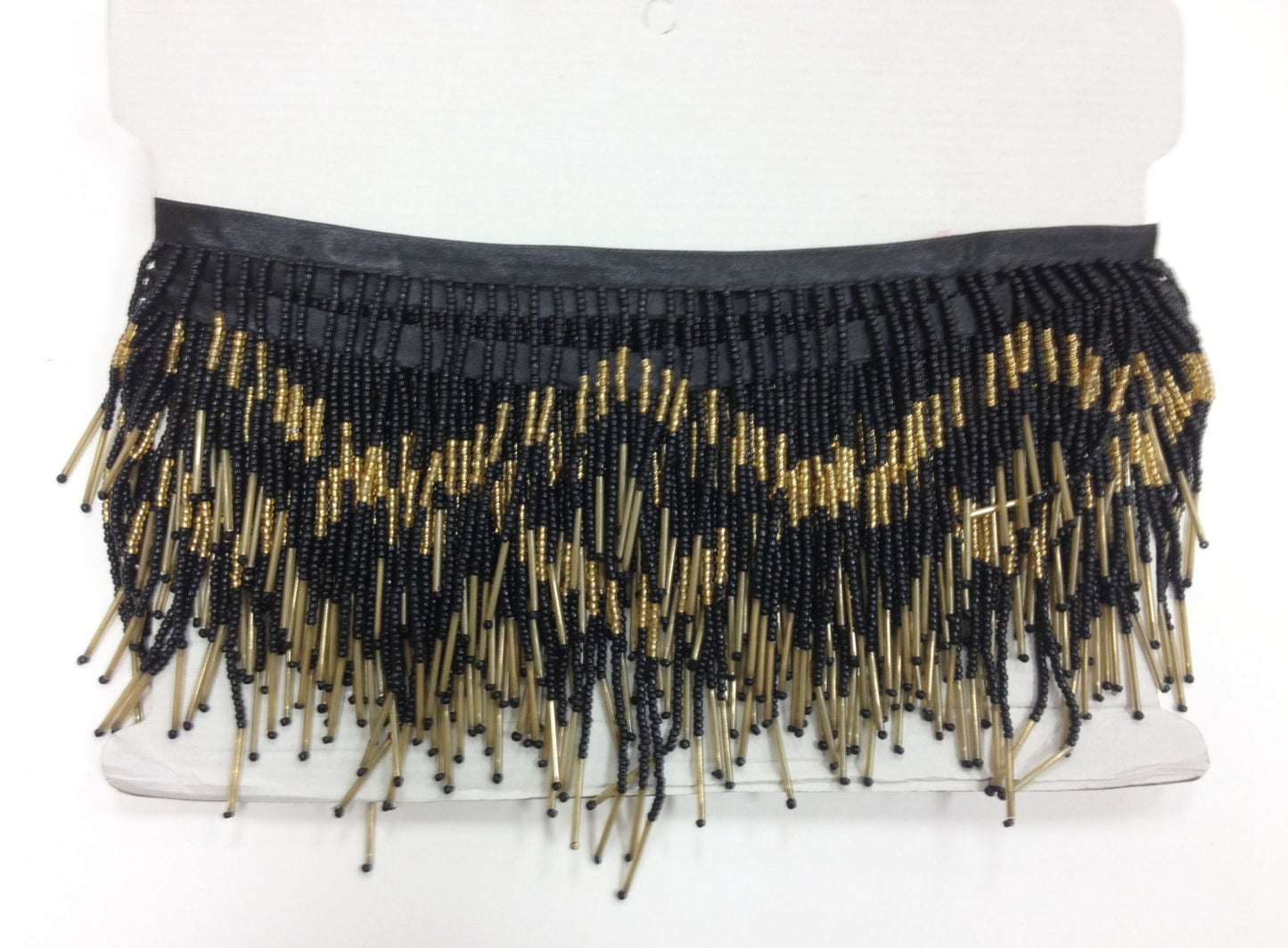 5 Yard Bolt 6" Black & Gold Glass Seed Bugle Beaded Fringe Chevron Lamp Costume Trim
