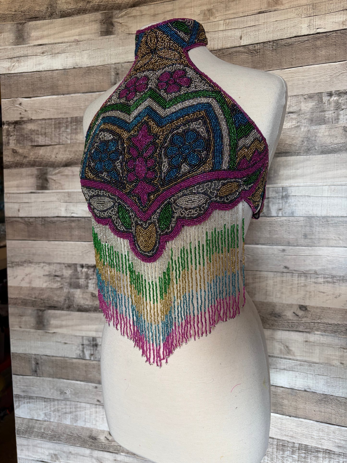 Glass Seed Bead Halter Crop Top with long Fringe