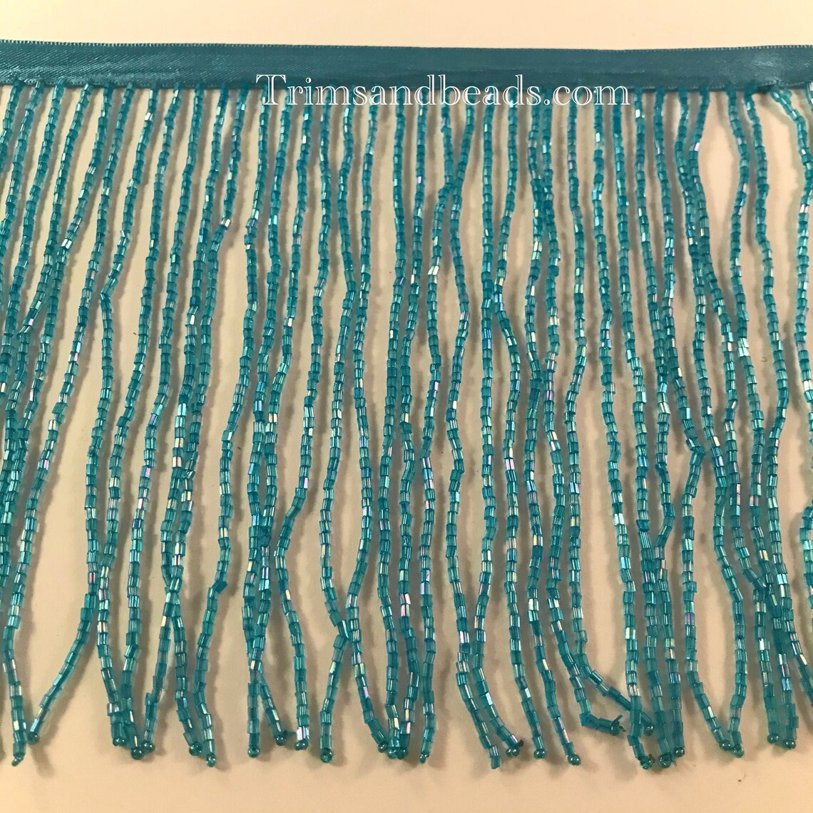 6" Dark Turquoise AB Glass BUGLE Bead Beaded Fringe Lamp Costume Trim