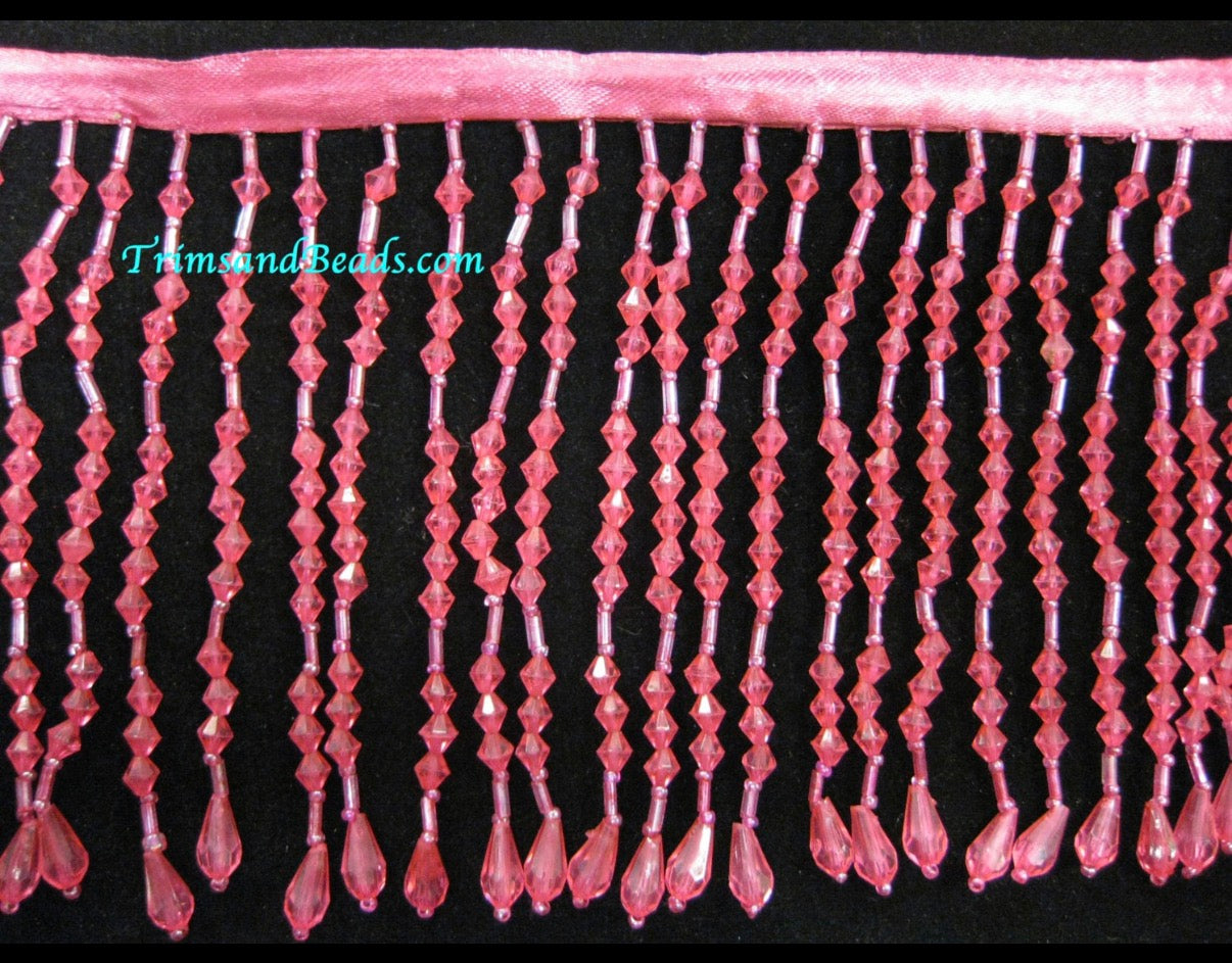 By the Yard Hot-Pink 5" Acrylic & Glass Seed Bead Beaded Fringe Lamp Costume Trim