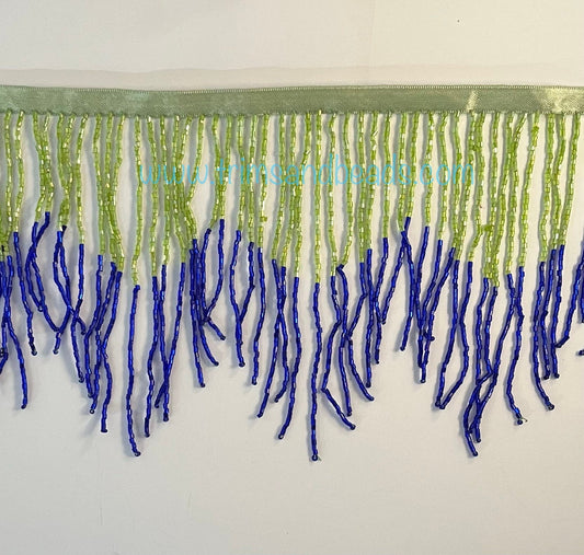 6" LIME Green/Dark Royal BLUE Ombre Chevron Glass BUGLE Bead Beaded Fringe Lamp Costume Trim Variegated