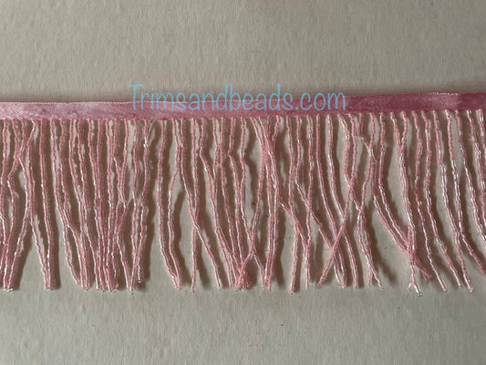 By the Yard 4/4.5" LIGHT PINK Glass BUGLE Bead Beaded Fringe Lamp Costume Trim