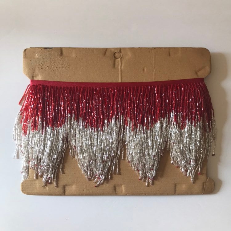 5 Yard Bolt 6.5" RED & SILVER Glass BUGLE Bead Beaded Fringe Chevron Lamp Costume Trim Variegated