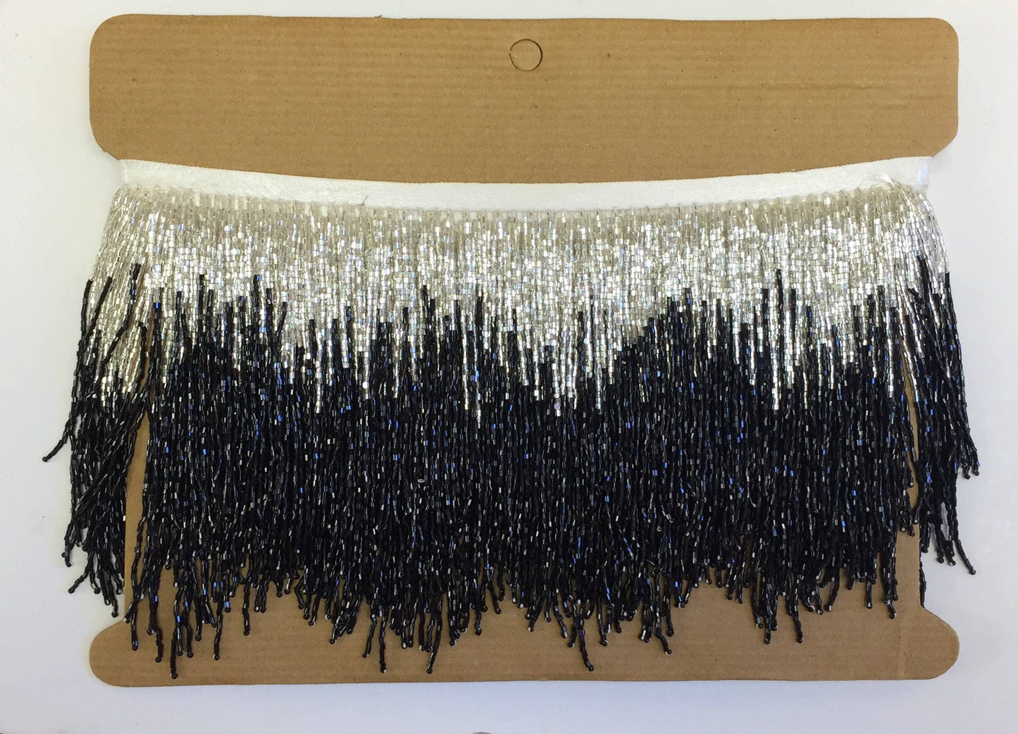 5 yard bolt 6/6.5" SIlver/Black CHEVRON Glass BUGLE Bead Beaded Fringe Lamp Costume Trim Variegated