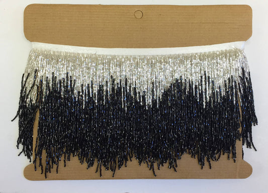 5 yard bolt 6/6.5" SIlver/Black CHEVRON Glass BUGLE Bead Beaded Fringe Lamp Costume Trim Variegated