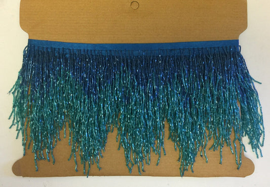5 Yard Bolt- 6.5" Blue/Teal Ombre Ombré CHEVRON Glass BUGLE Bead Beaded Fringe Lamp Costume Trim Variegated