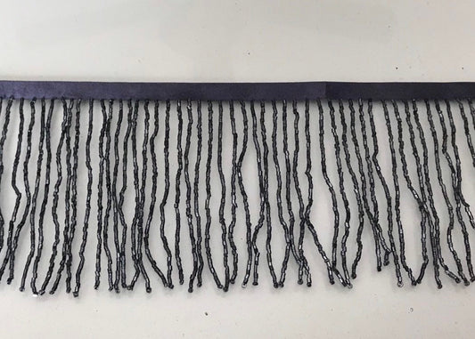 By the Yard 4/4.5" GUNMETAL GRAY Glass BUGLE Bead Beaded Fringe Lamp Costume Trim
