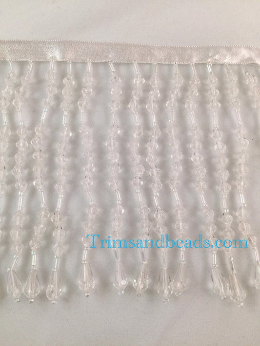 By the Yard CLEAR 5" Acrylic Teardrop with Glass Bugle and Seed Bead Beaded Fringe Lamp Costume Trim