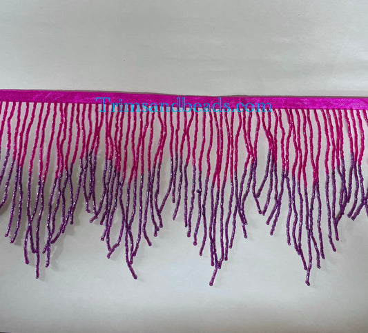6" Fuchsia AB/Purple Ombre CHEVRON Glass BUGLE Bead Beaded Fringe Lamp Costume Trim Variegated
