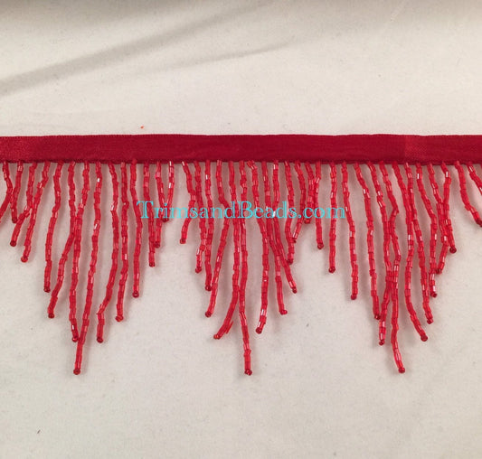 3" RED Glass CHEVRON Bugle Bead Beaded Fringe Lamp Costume Trim Variegated