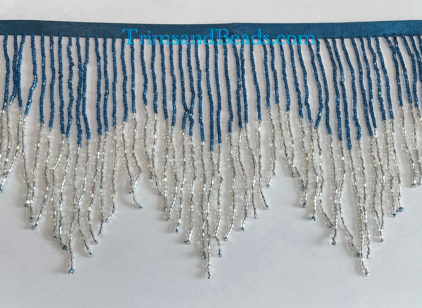 6" Royal Blue/Silver Ombre Ombré CHEVRON Glass BUGLE Bead Beaded Fringe Lamp Costume Trim Variegated