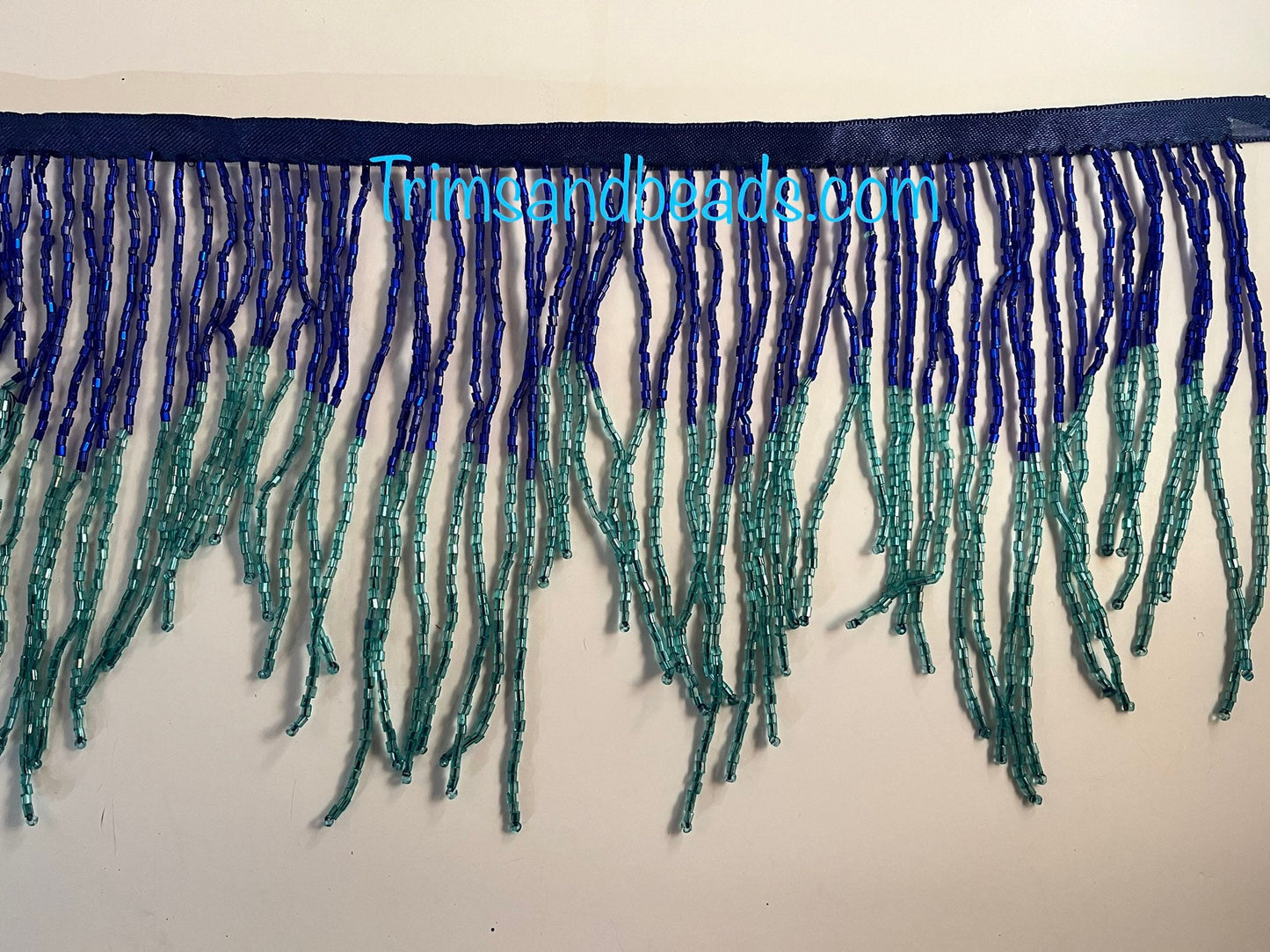 6" DARK Royal Blue/Teal Ombre Ombré CHEVRON Glass BUGLE Bead Beaded Fringe Lamp Costume Trim Variegated