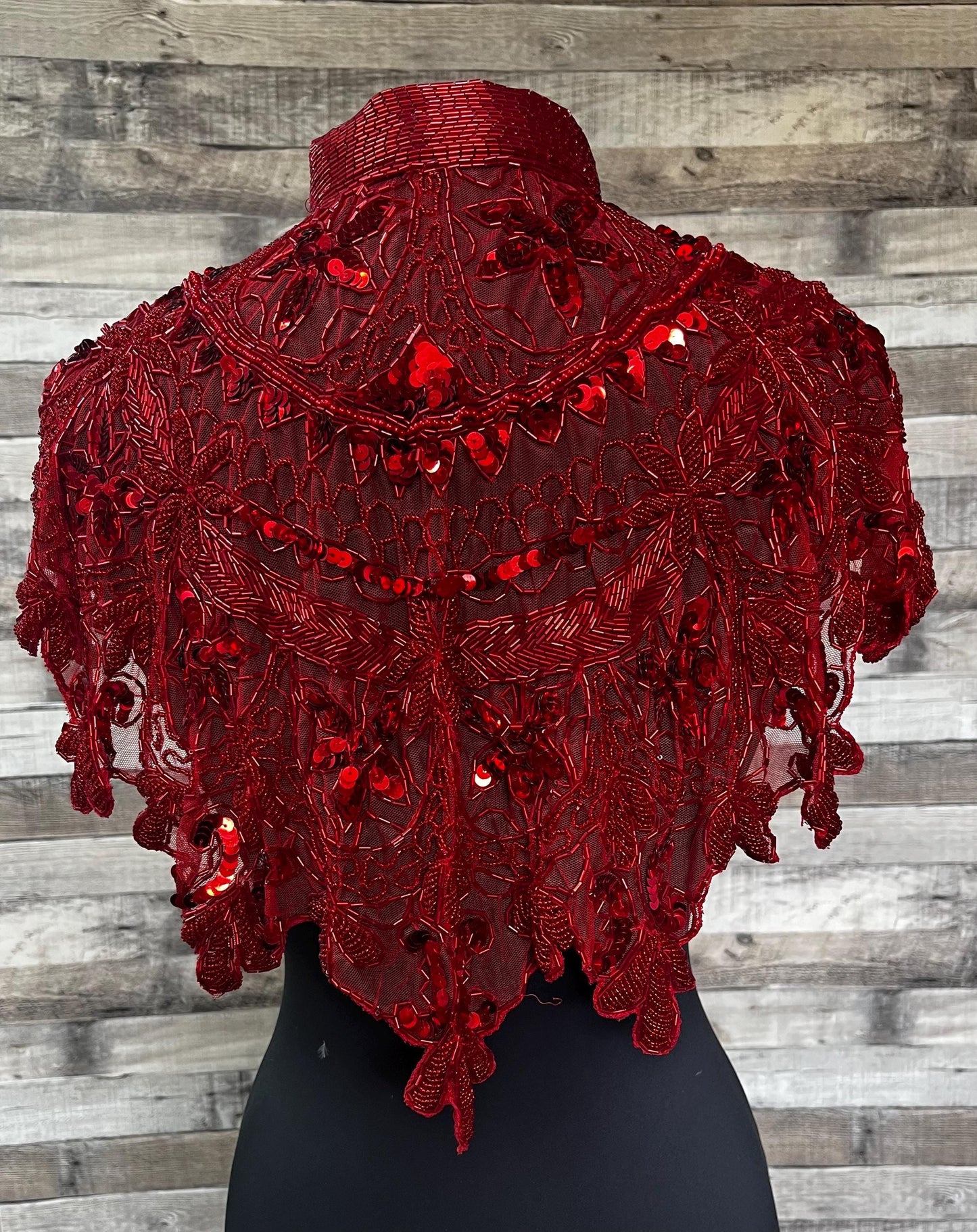 RED Sequin Glass Beaded & Sequin FULL Wrap Lace Collar Shoulder Shrug Shawl Applique