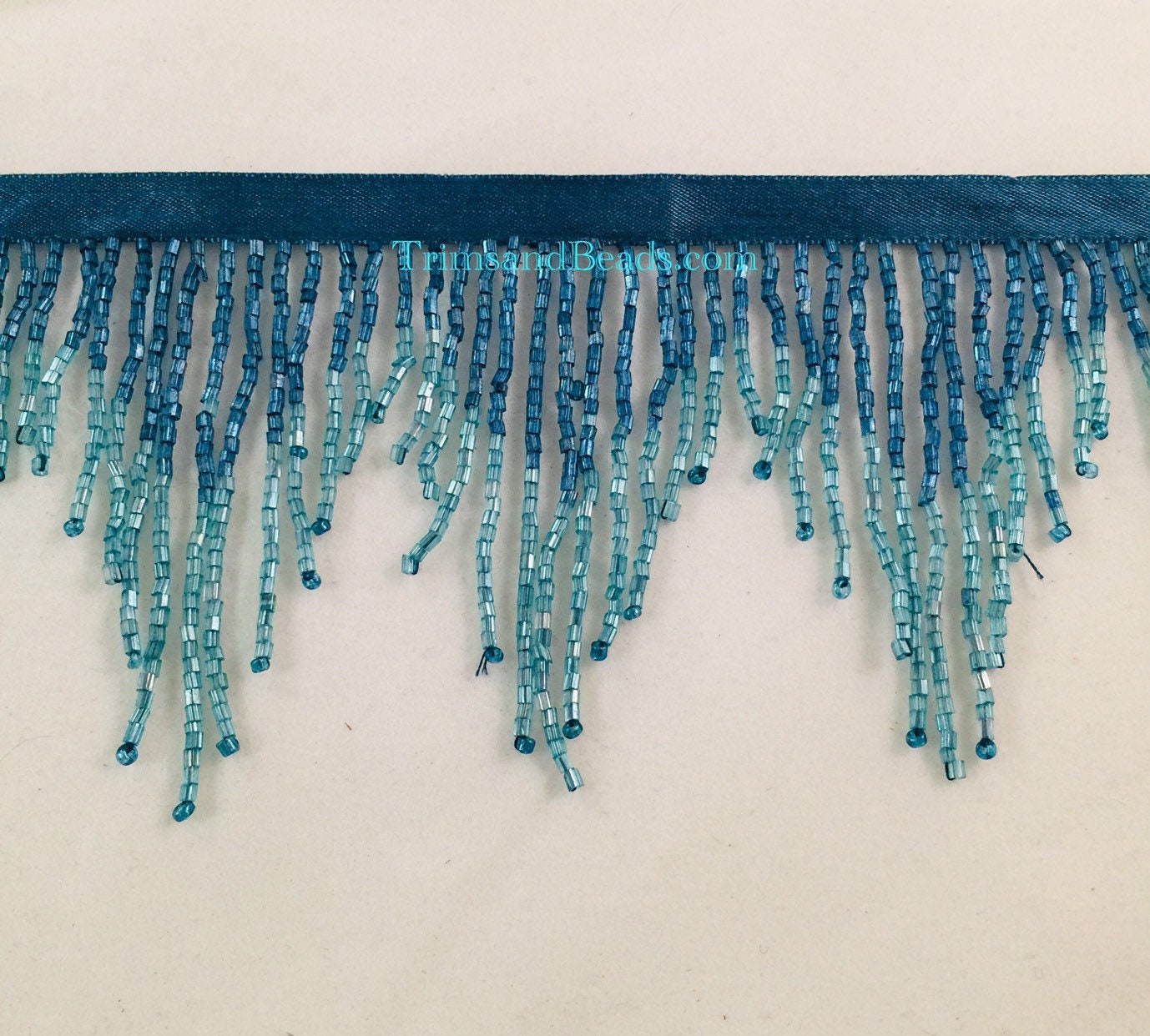 3" Blue/Teal Ombre Glass CHEVRON Bugle Bead Beaded Fringe Lamp Costume Trim Variegated