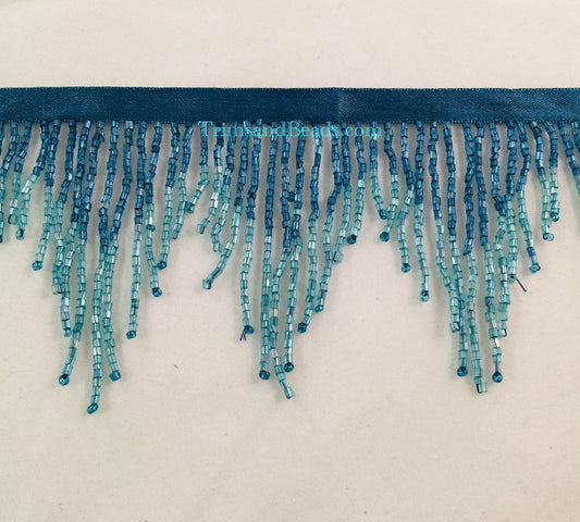 3" Blue/Teal Ombre Glass CHEVRON Bugle Bead Beaded Fringe Lamp Costume Trim Variegated