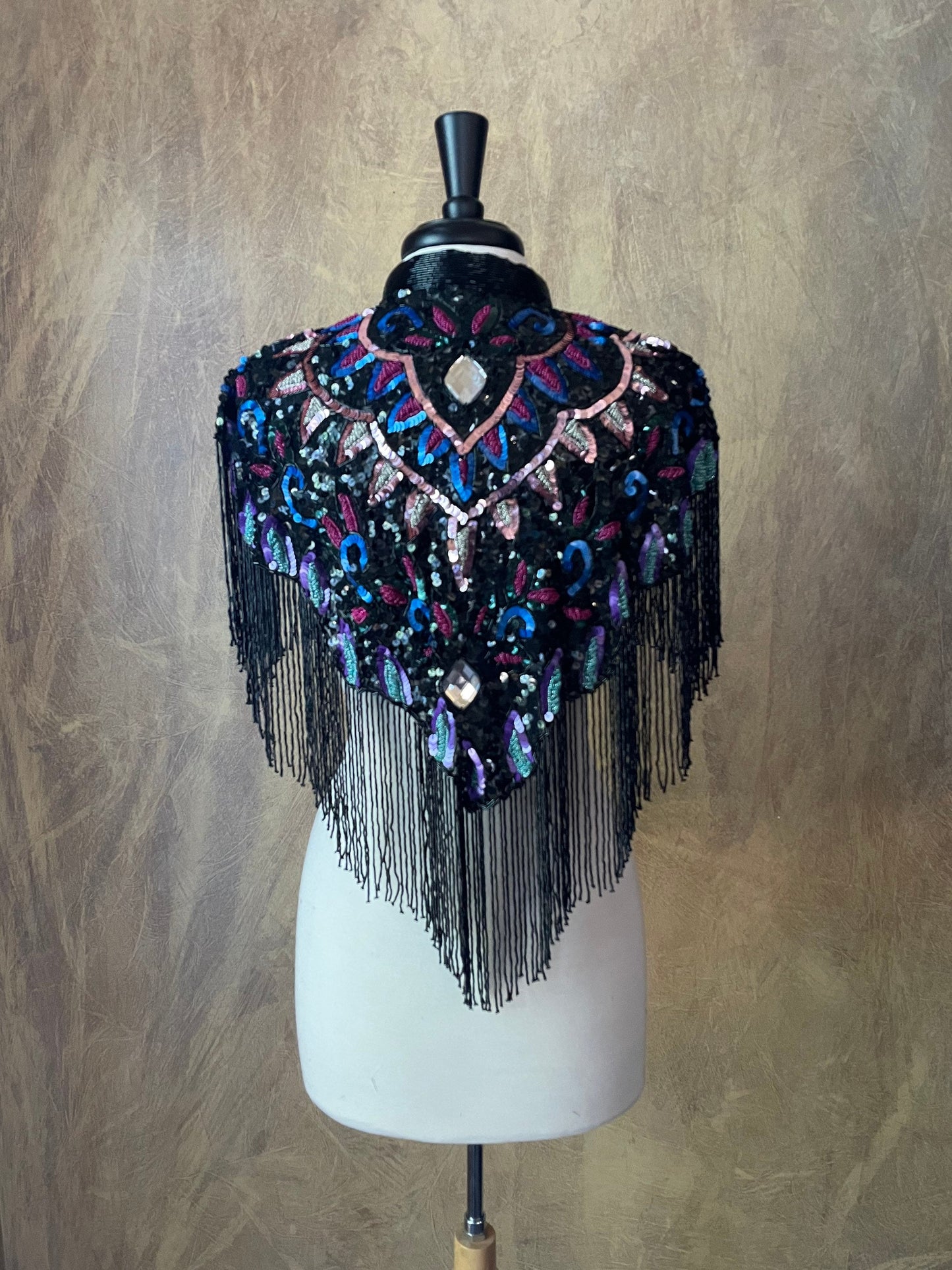 Black MULTI JEWEL Beaded & Sequin Long Glass Fringe Collar Shoulder Shrug Shawl Applique Wrap Western Rodeo