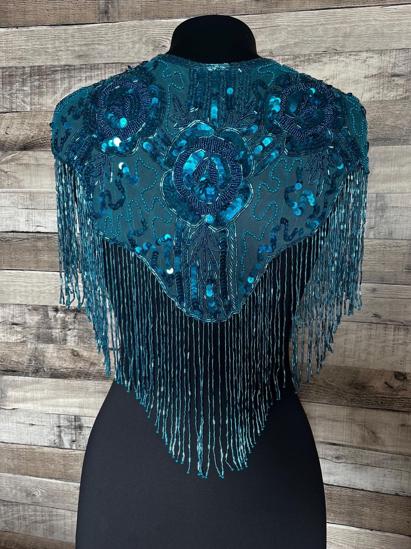 TURQUOISE BLUE Sequin Glass Rose Beaded & Sequin Lace Collar Shoulder Shrug Shawl Applique Wrap Bridal