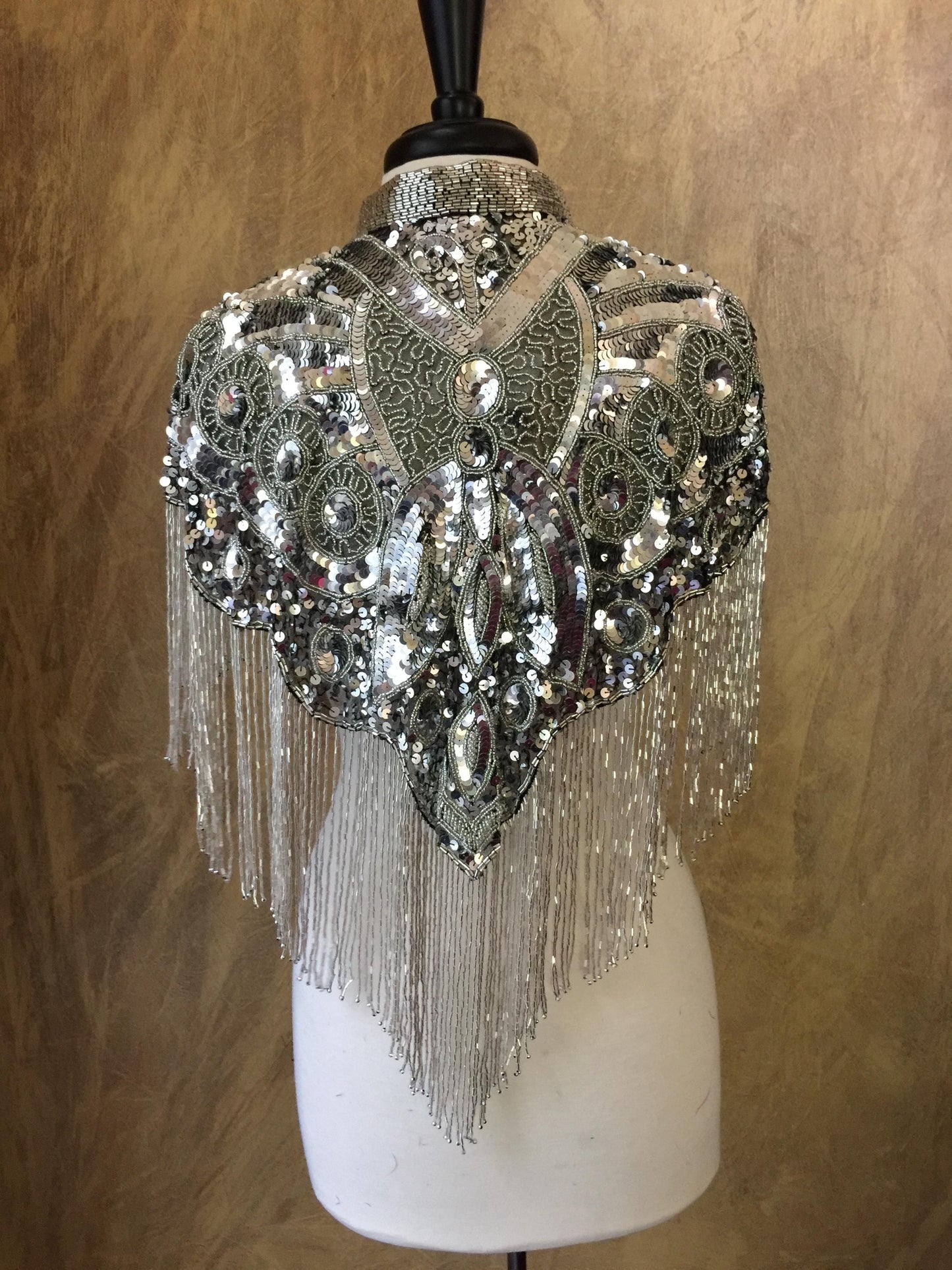 SILVER Beaded & Sequin Long Glass Fringe Collar Shoulder Shrug Shawl Applique Wrap western rodeo