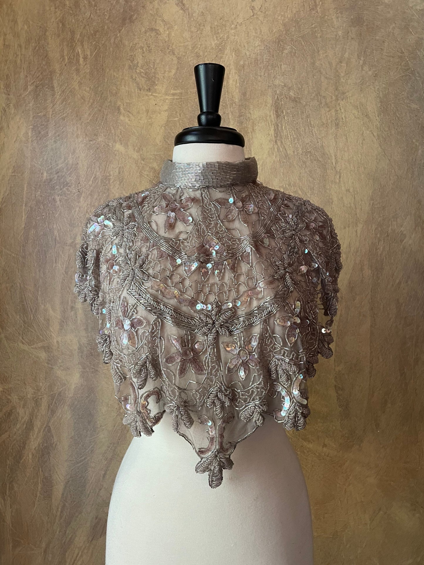 GRAY PEARL Sequin Glass Beaded & Sequin FULL Wrap Lace Collar Shoulder Shrug Shawl Applique