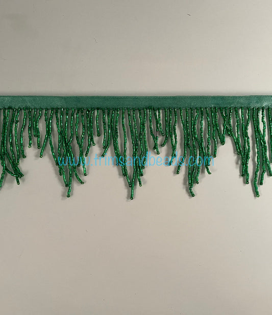 3" EMERALD GREEN Glass CHEVRON Bugle Bead Beaded Fringe Lamp Costume Trim