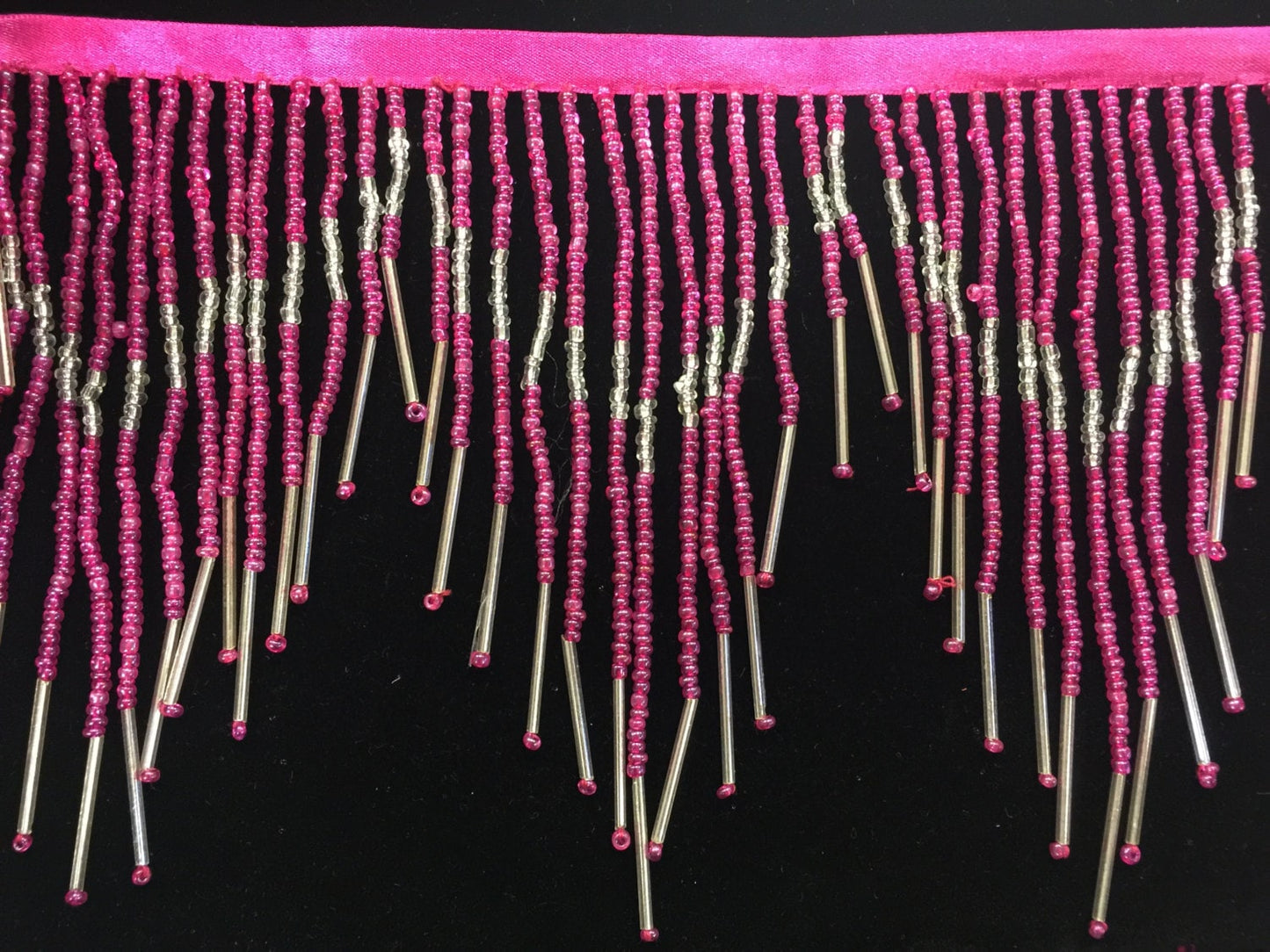 6.5" Hot Pink & Silver Glass Seed Bugle Beaded Fringe Chevron Lamp Costume Trim Choose LengthVariegated