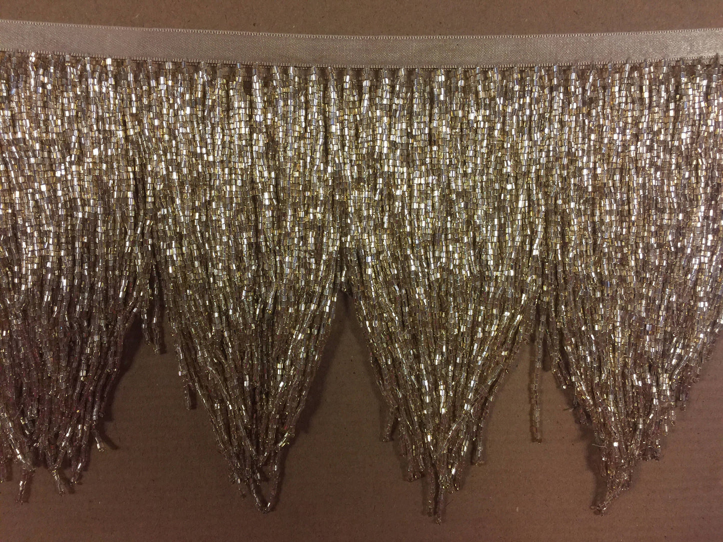 5 Yard Bolt-6.5" Gold CHEVRON Glass BUGLE Bead Beaded Fringe Lamp Costume Trim Variegated