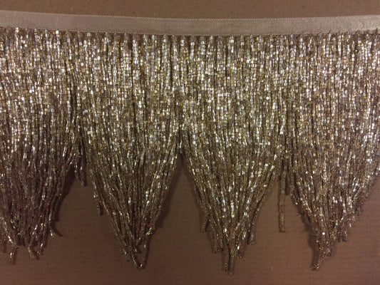 5 Yard Bolt-6.5" Gold CHEVRON Glass BUGLE Bead Beaded Fringe Lamp Costume Trim Variegated