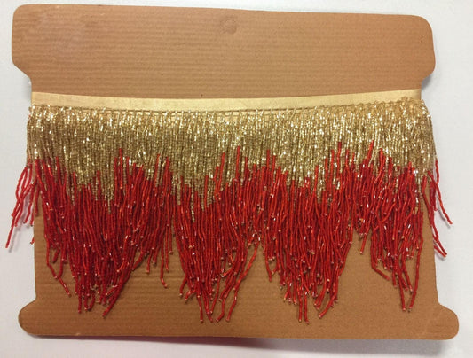 6" Gold & Red Glass BUGLE BEAD Beaded Fringe CHEVRON Lamp Costume Trim Choose LengthVariegated