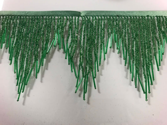 6" Green Glass SEED & Bugle Bead Beaded Fringe CHEVRON Lamp Costume Trim Variegated