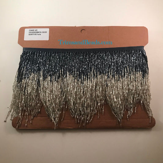 5 Yard Bolt- 6.5/6" Gunmetal Gray/Silver Sparkling Ombre Ombré CHEVRON Glass BUGLE Bead Beaded Fringe Lamp Costume Trim Variegated