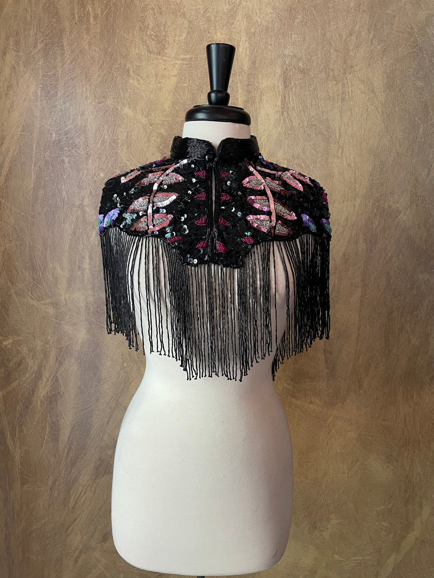 Black MULTI JEWEL Beaded & Sequin Long Glass Fringe Collar Shoulder Shrug Shawl Applique Wrap Western Rodeo