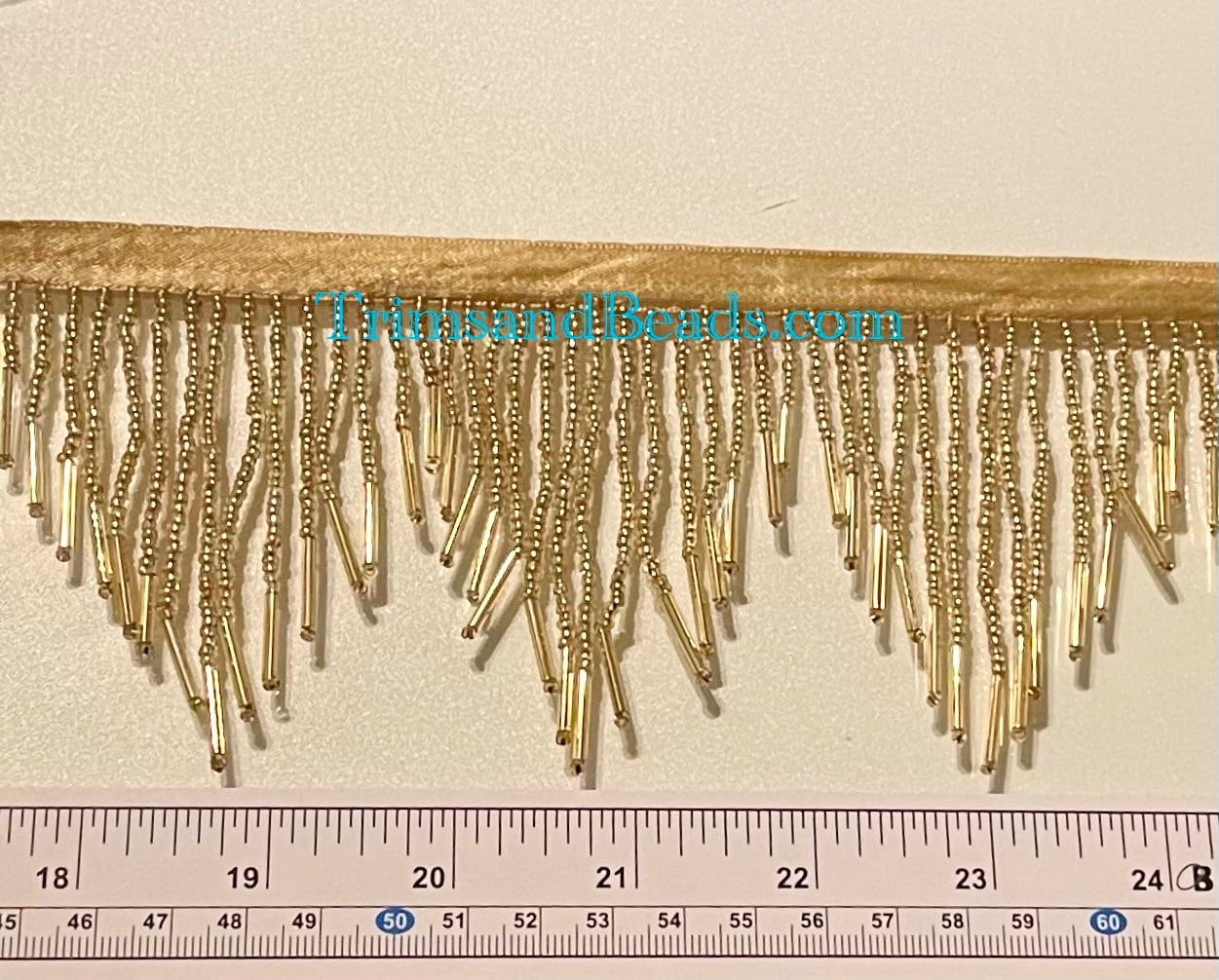 3" GOLD Glass SEED Bead and Tube Bead CHEVRON Beaded Fringe Lamp Costume Trim