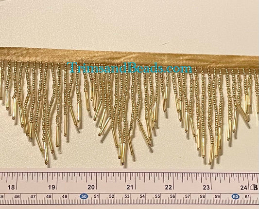 3" GOLD Glass SEED Bead and Tube Bead CHEVRON Beaded Fringe Lamp Costume Trim