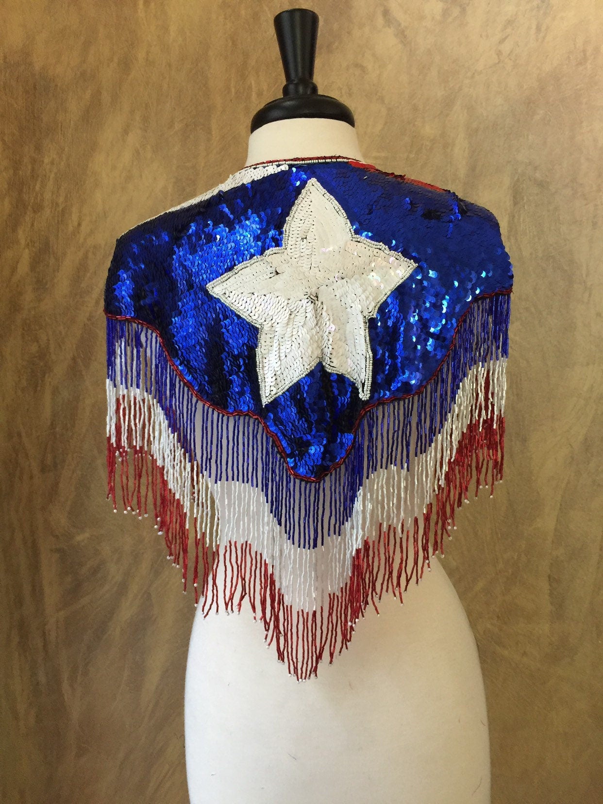 Patriotic Lone Star Sequin Glass Beaded & Sequin Western Rodeo Wrap Lace Collar Shoulder Shrug Shawl Applique Vintage