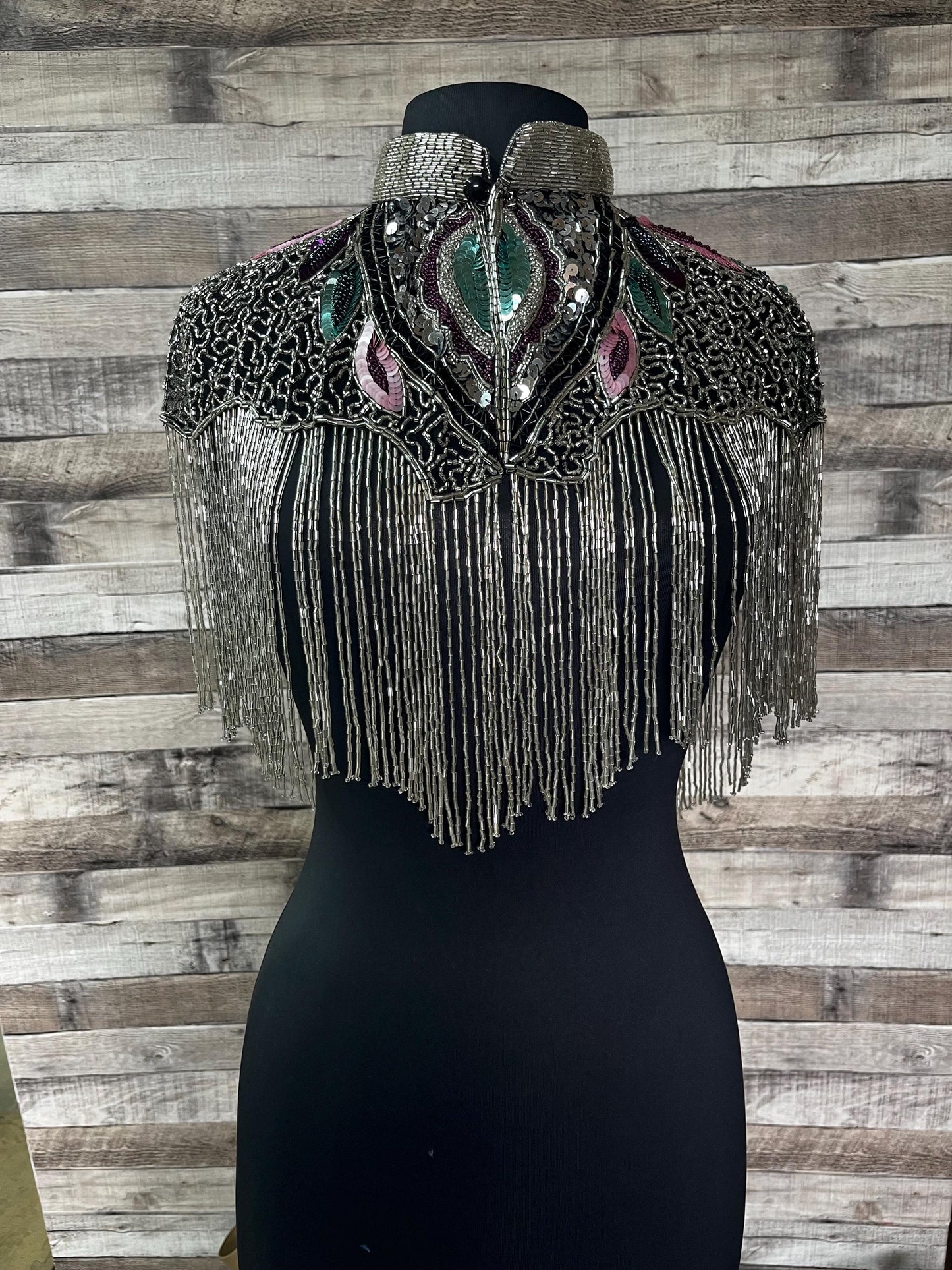 MULTI Colored SILVER Beaded & Sequin Long Glass Fringe Collar Shoulder Shrug Shawl Applique Wrap Bridal Western Rodeo