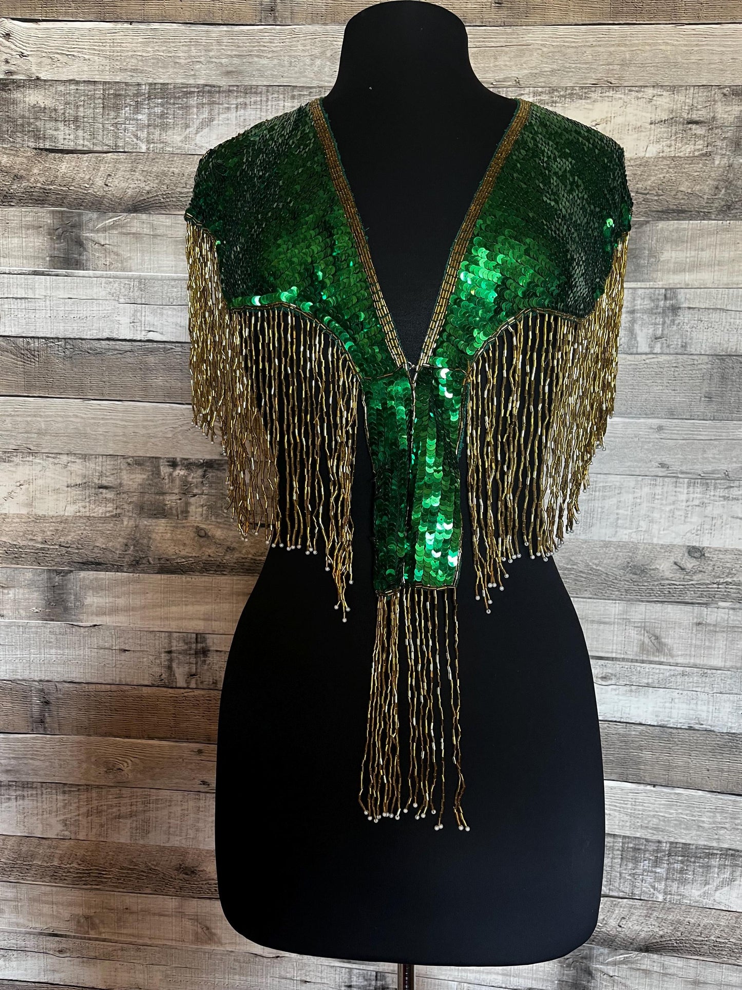 Green/Gold with White Rose Sequin Glass  Beaded & Sequin Lace Collar with Tube Bugle Bead Fringe Shoulder Shrug Shawl Applique Wrap