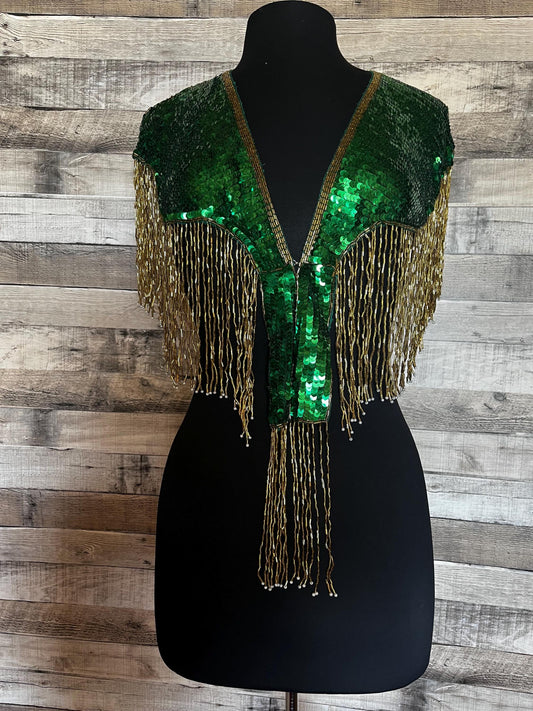 Green/Gold with White Rose Sequin Glass  Beaded & Sequin Lace Collar with Tube Bugle Bead Fringe Shoulder Shrug Shawl Applique Wrap