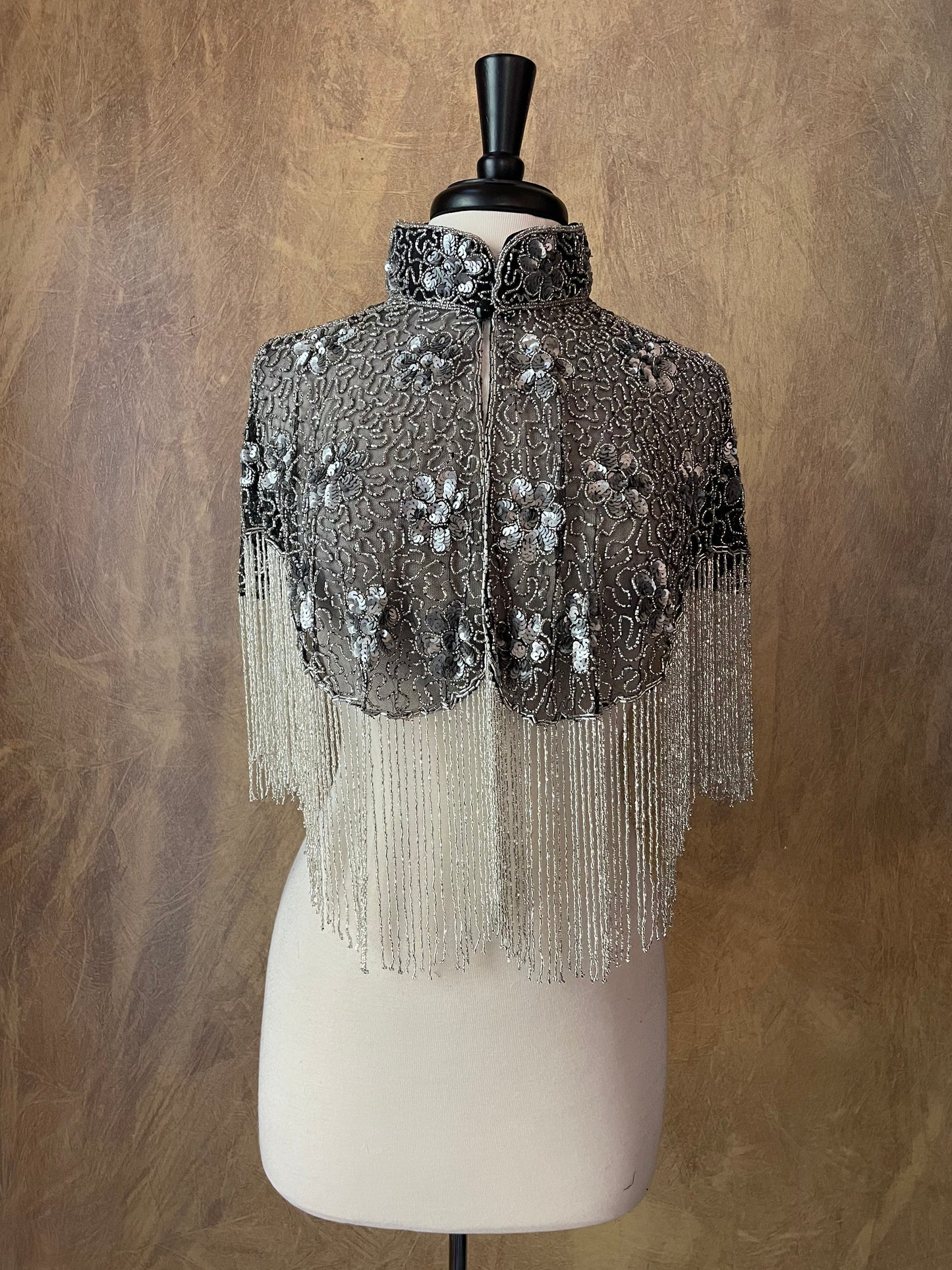 Silver on Black Mesh Sequin Glass Flower Beaded & Sequin Lace Collar Shoulder Shrug Shawl Applique Wrap Western Rodeo