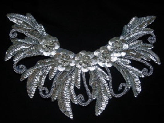 Large Silver Bead Sequin Sew Applique FLOWER Floral Leaves