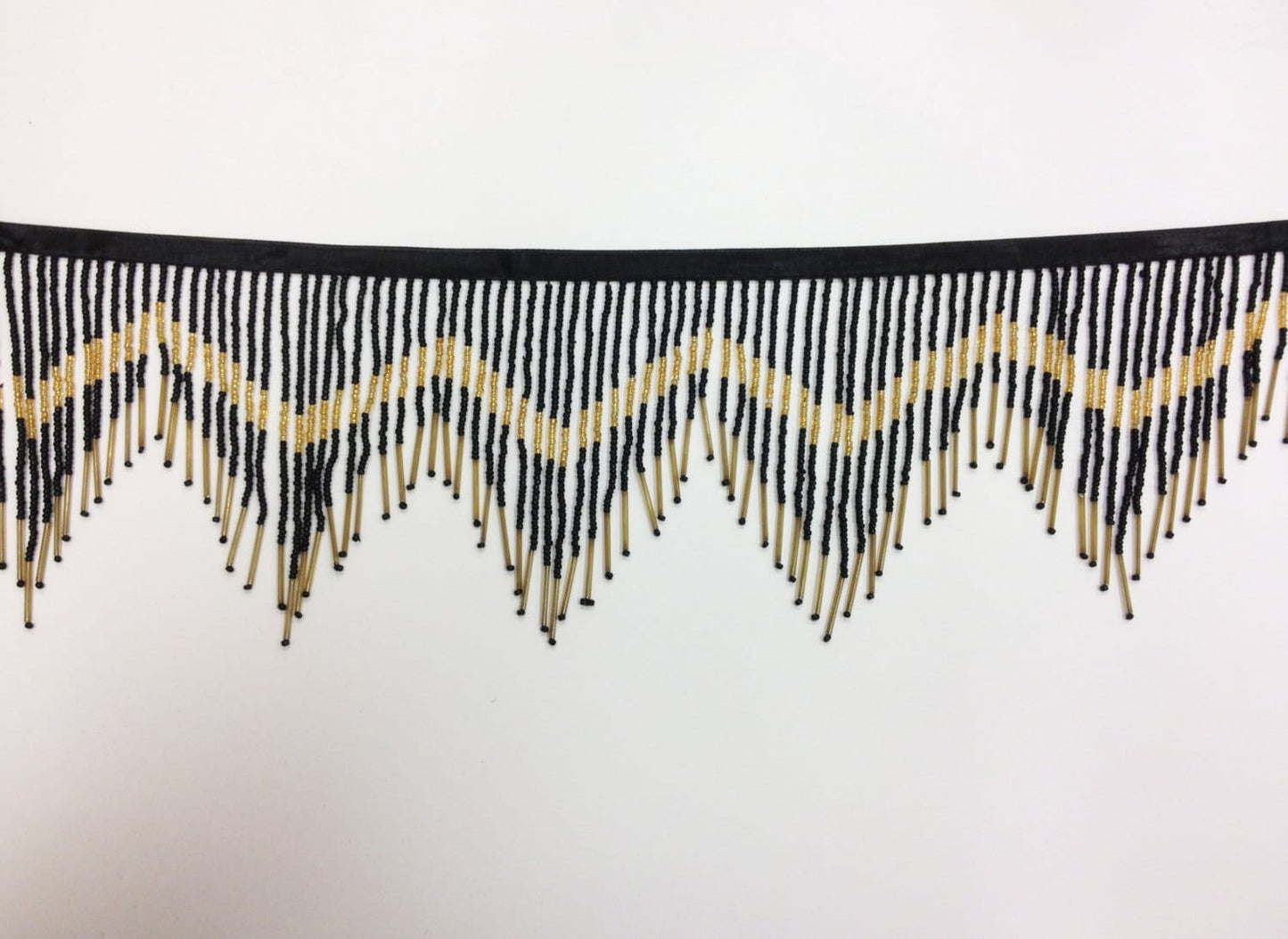 5 Yard Bolt 6" Black & Gold Glass Seed Bugle Beaded Fringe Chevron Lamp Costume Trim