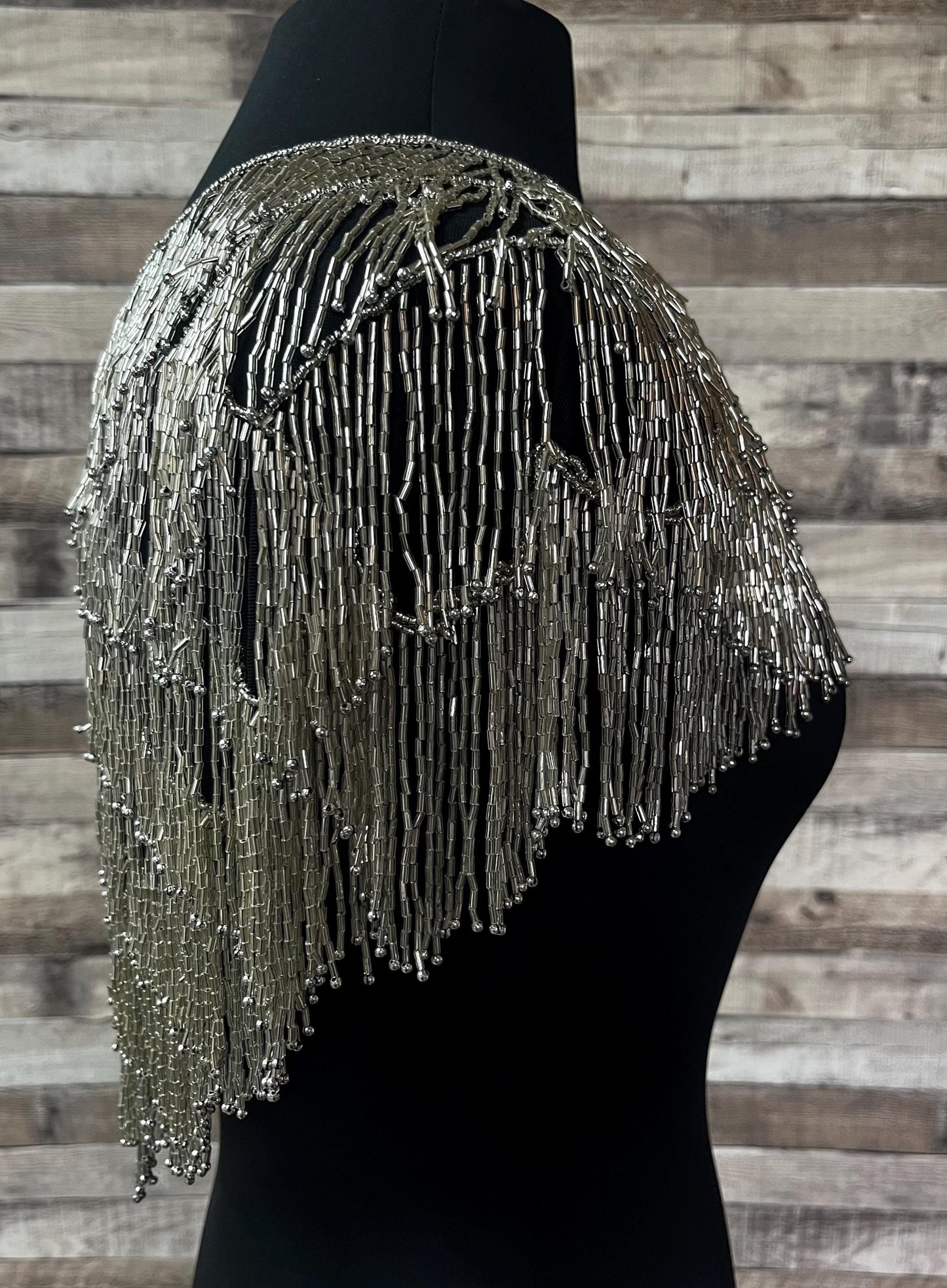 SILVER  All Glass  Beaded Fringe Collar Shoulder Shrug Shawl Applique Western Rodeo