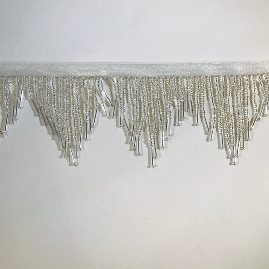 3" SILVER Glass SEED Bead CHEVRON with Tube Bugle Ends Beaded Fringe Trim Variegated