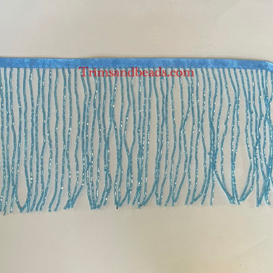 6" ICE BLUE Glass BUGLE Bead Beaded Fringe Lamp Costume Trim Choose Length