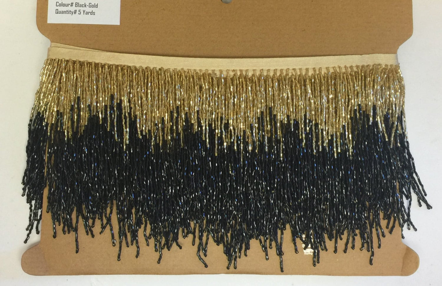 5 yard bolt- 6.5" Gold/Black Chevron Glass BUGLE Bead Beaded Fringe Lamp Costume Trim Variegated