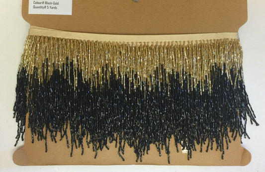 5 yard bolt- 6.5" Gold/Black Chevron Glass BUGLE Bead Beaded Fringe Lamp Costume Trim Variegated