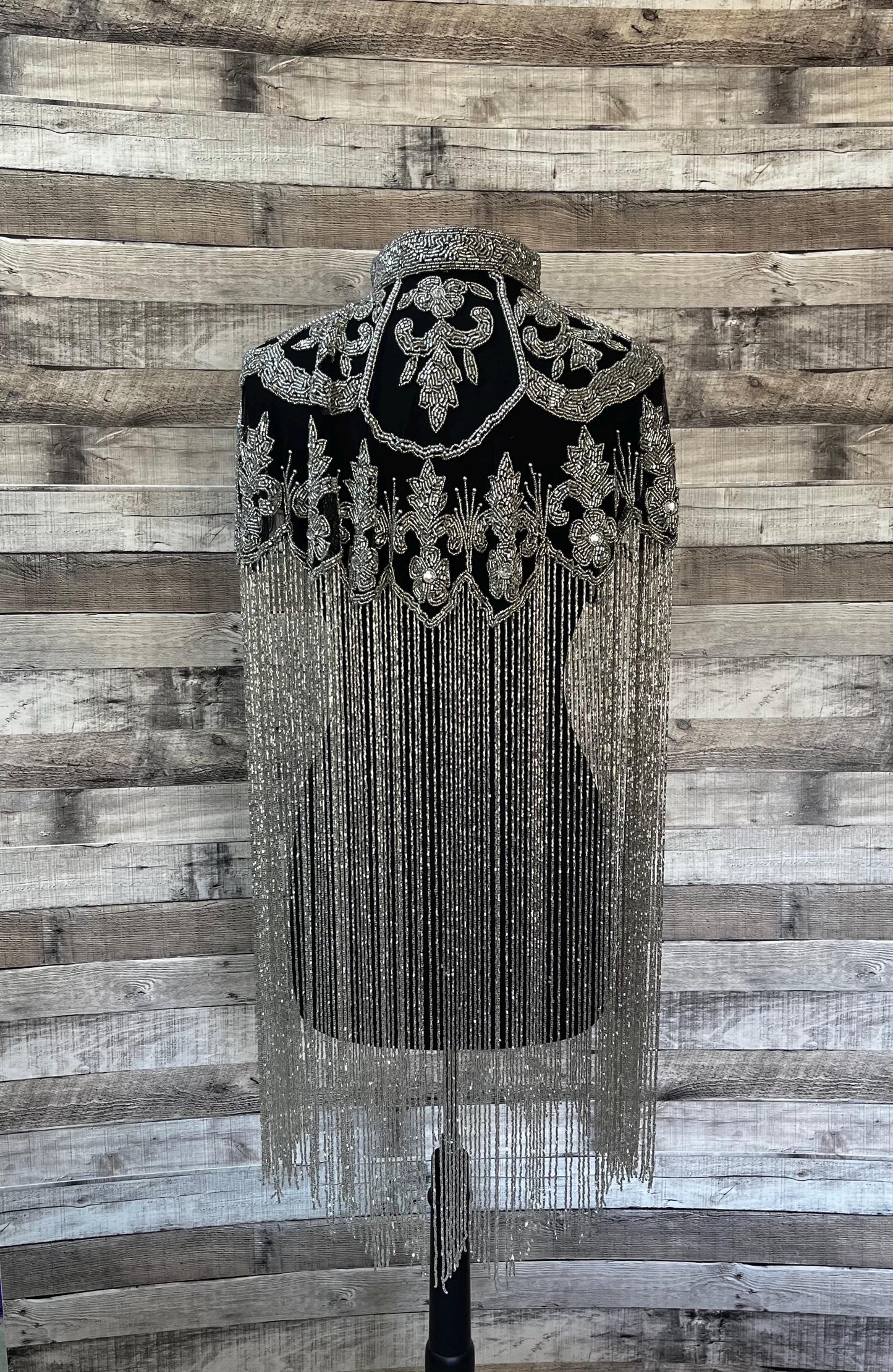 Glamorous Black and Silver Glass Beaded Collar with 24”  Bugle Bead Fringe Shoulder Shrug Shawl Applique Formal Wrap Western Rodeo
