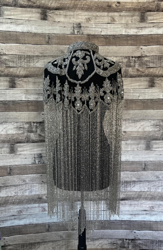 Glamorous Black and Silver Glass Beaded Collar with 24” GUNMETAL Bugle Bead Fringe Shoulder Shrug Shawl Applique Formal Wrap Western Rodeo